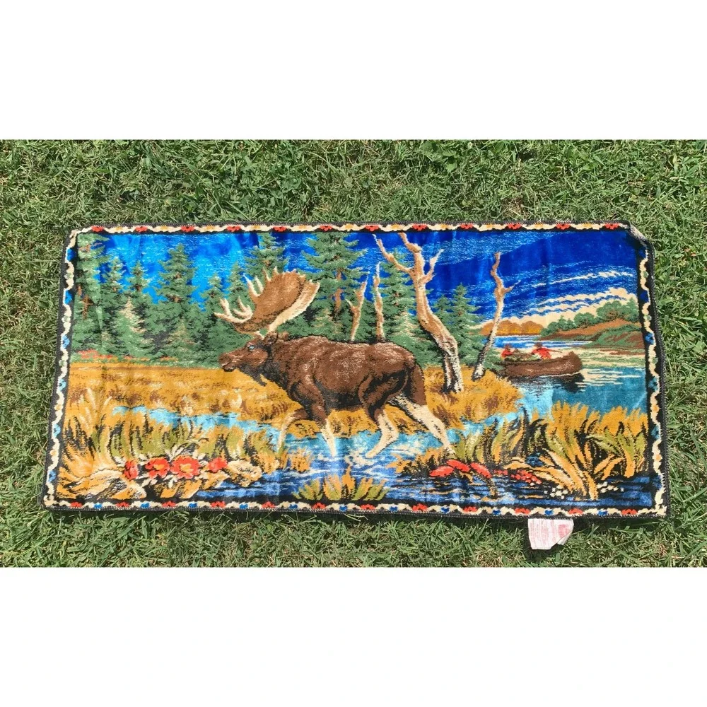 Vintage‎ Italian Tapestry Wall Hanging, Cabin Decor, Moose, Canoe, Rustic, Lodge
